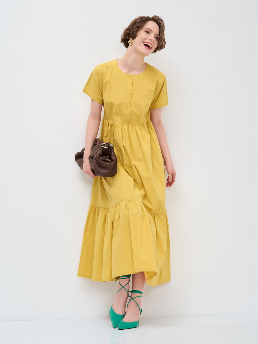 Платье хлопок OD-277-9 спущенная пройма с воланом горчица