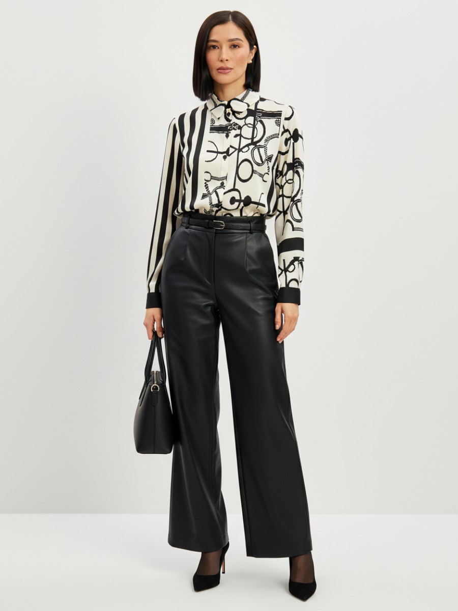 Блузка из атласной ткани  OD-887-1 черно-белая