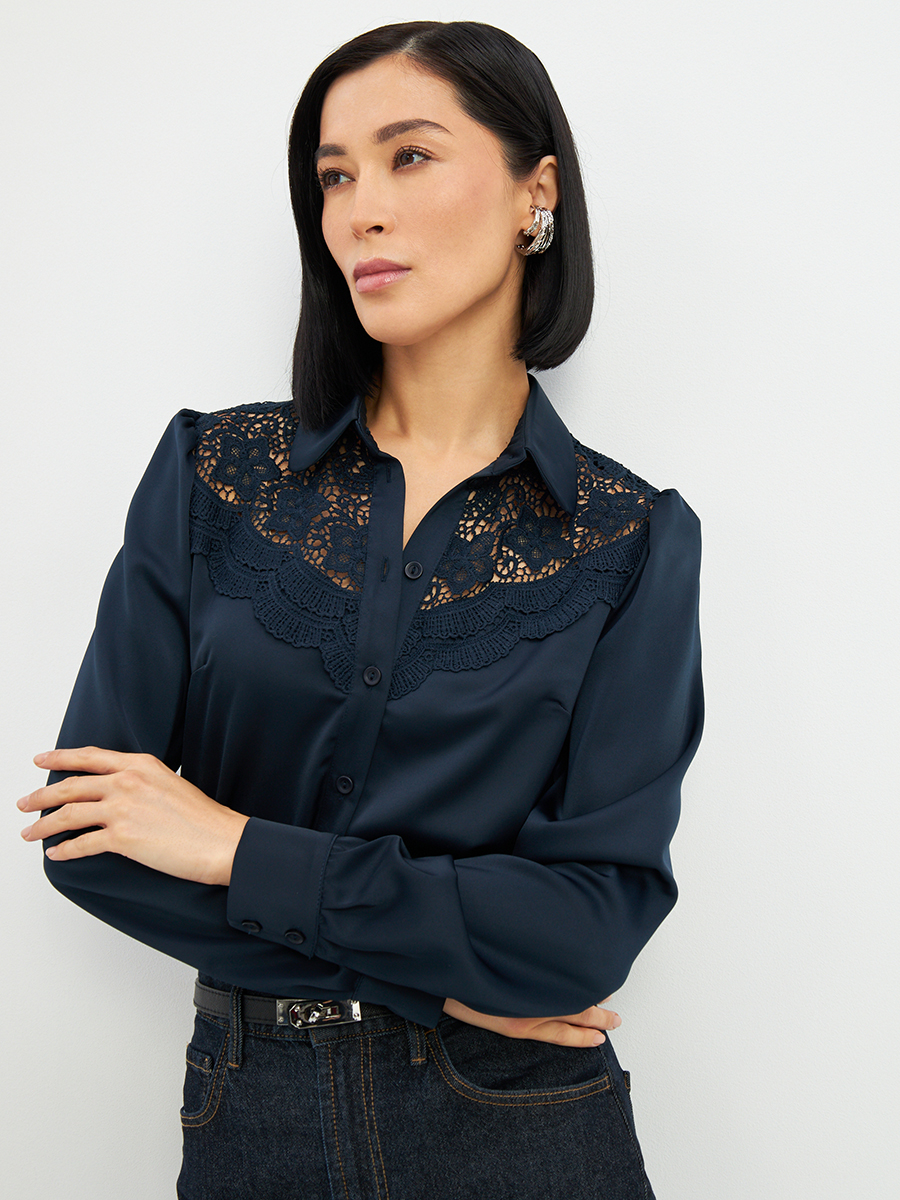 Блузка с кружевом на полочке OD-892-2 т.синий