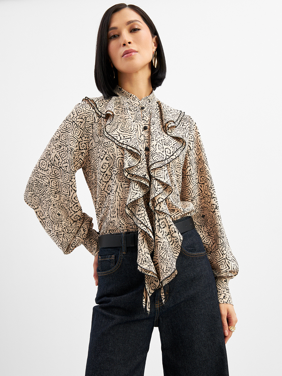 Блузка с отлетными рюшами OD-914-5 бежевый с черным