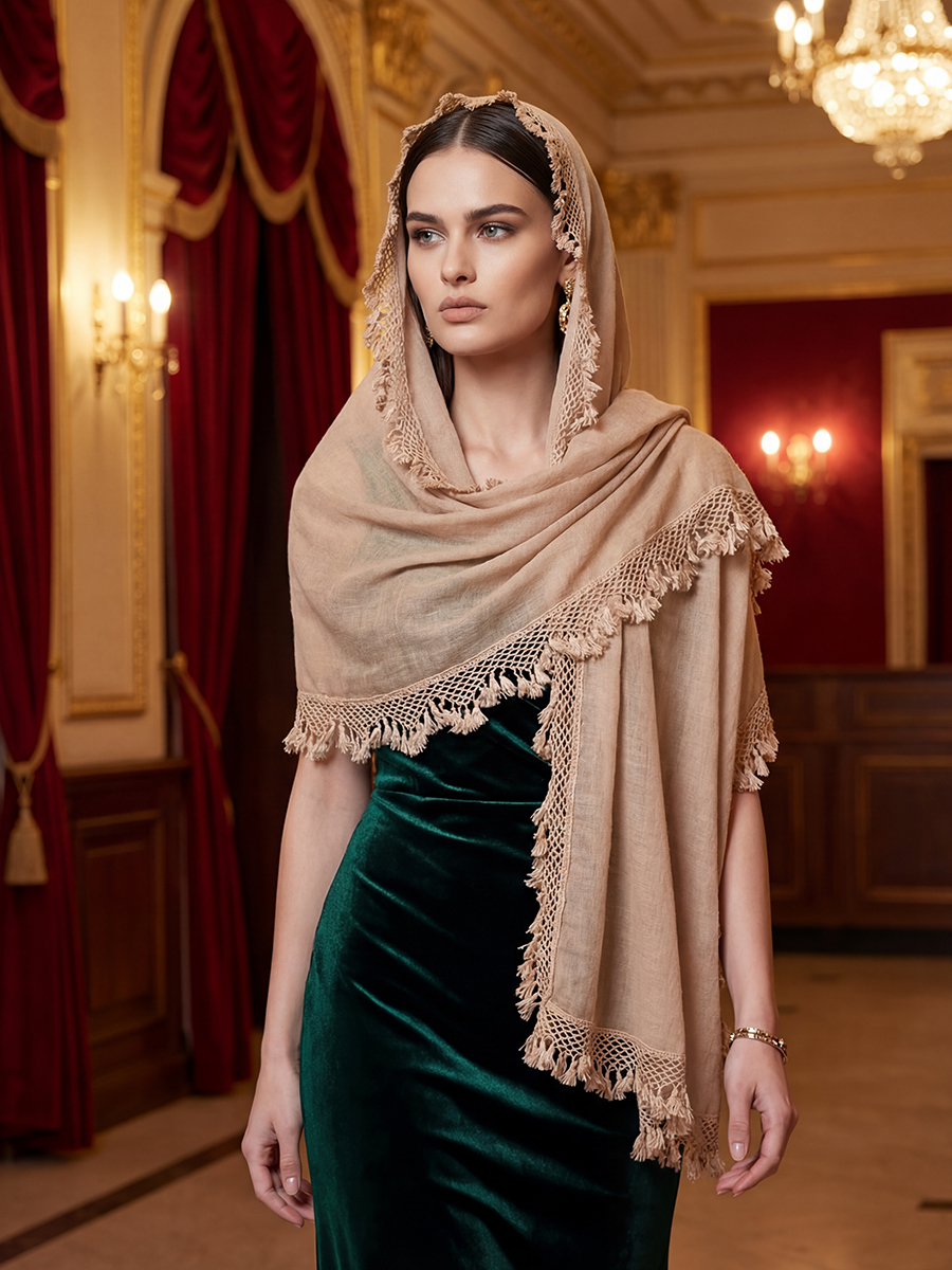 Палантин женский с кружевной отделкой и бахромой SHUT-152-1