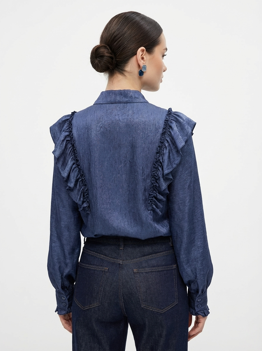 Блузка с рюшами и воротником-завязка OD-988-3 синий