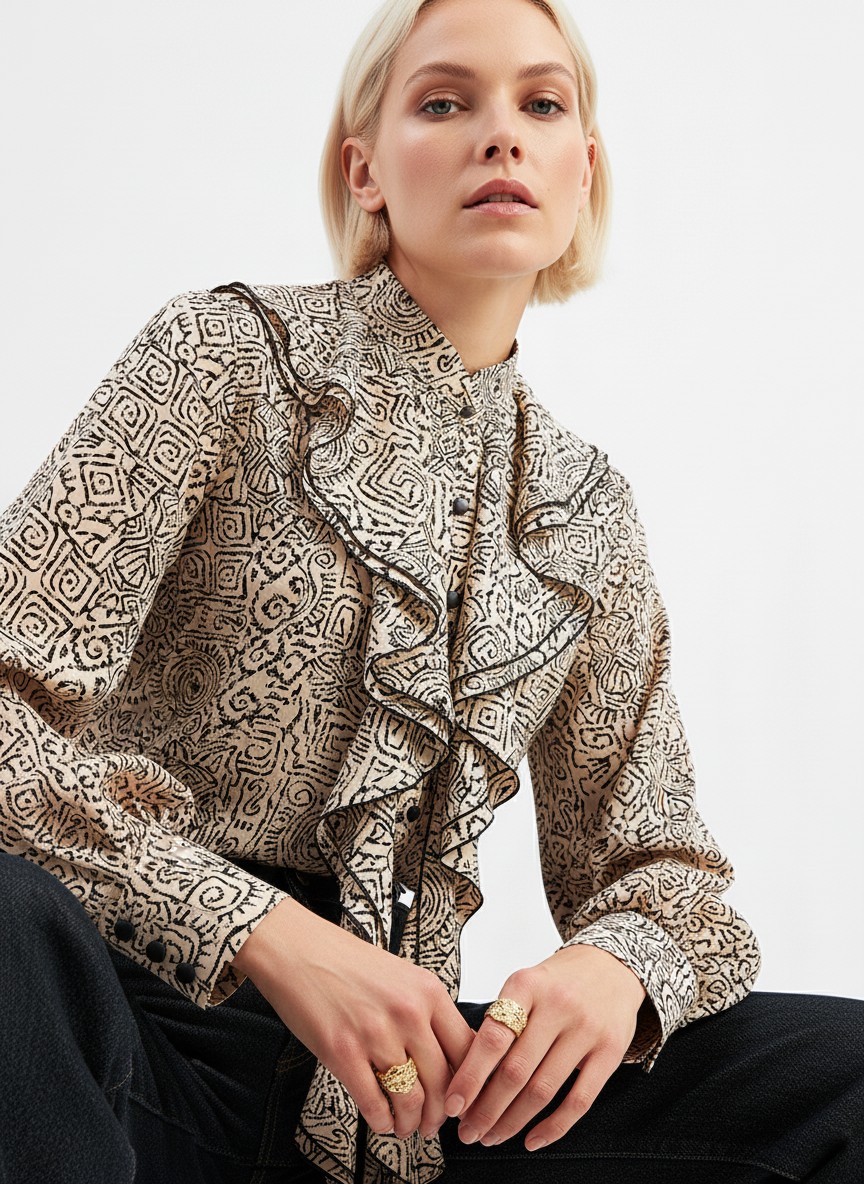 Блузка с отлетными рюшами OD-914-5 бежевый с черным