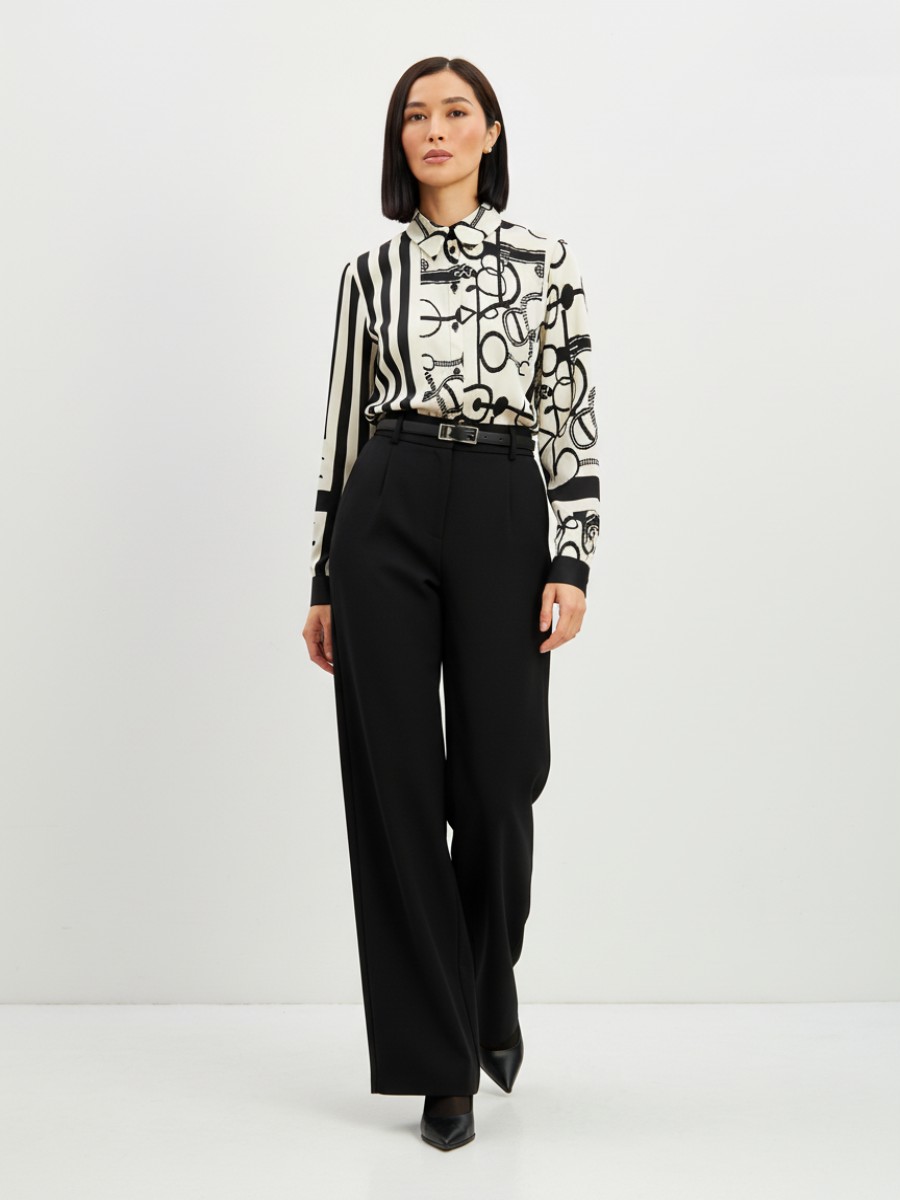 Блузка из атласной ткани  OD-887-1 черно-белая