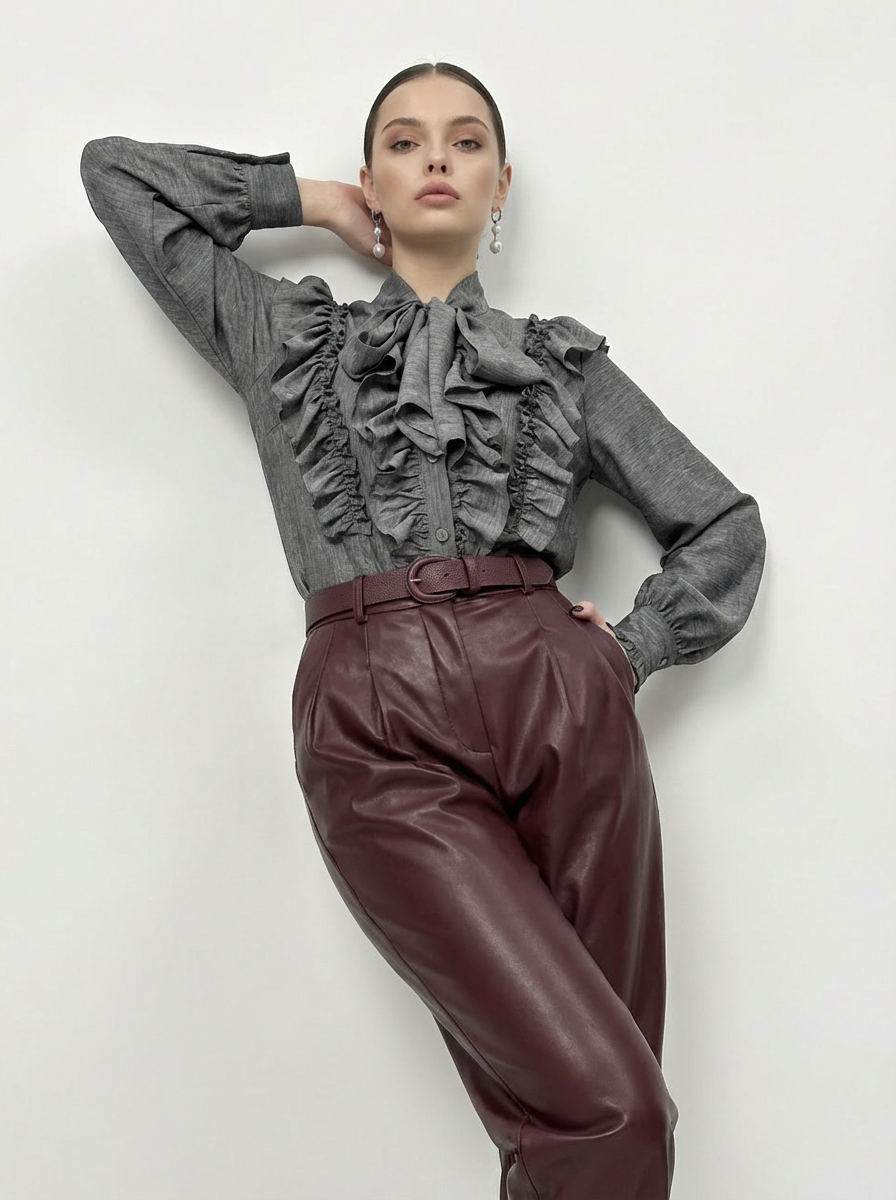 Блузка с рюшами и воротником-завязка OD-988-1 графит