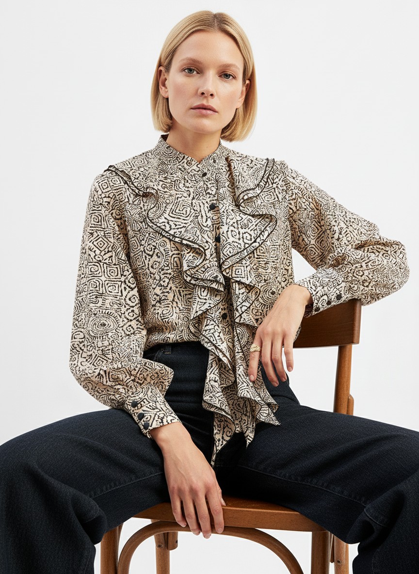 Блузка с отлетными рюшами OD-914-5 бежевый с черным