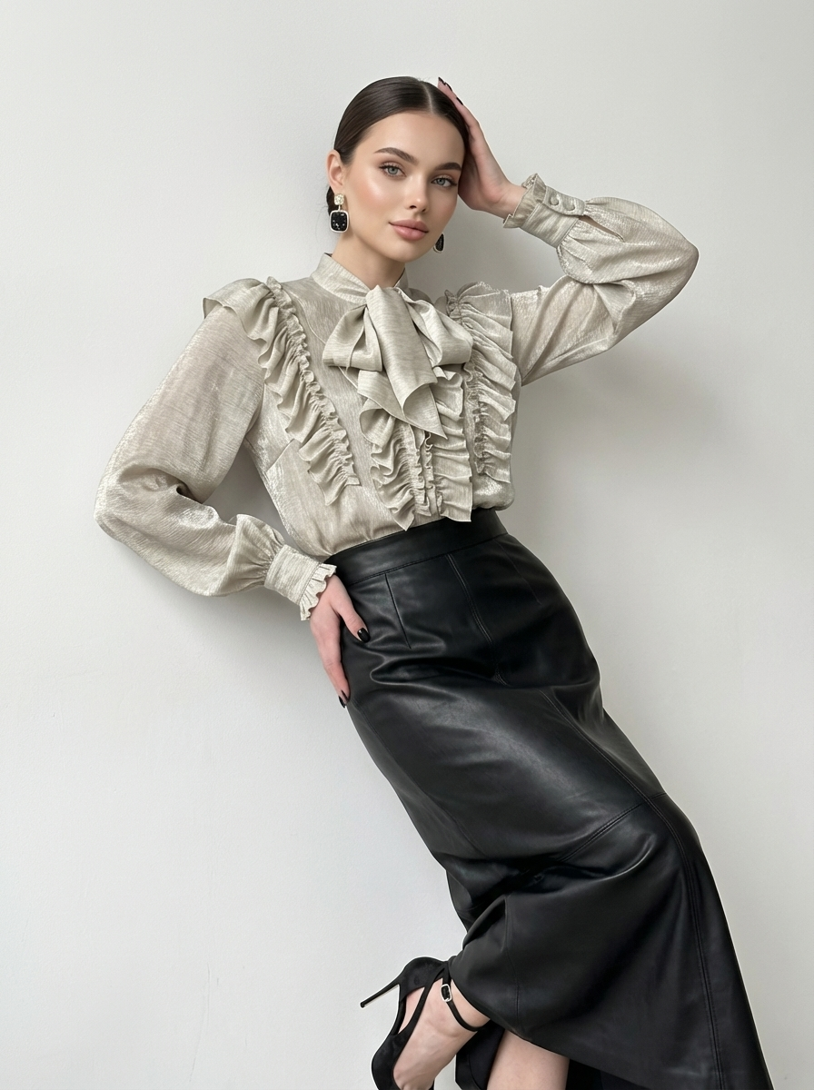 Блузка с рюшами и воротником-завязка OD-988-2 бежевый