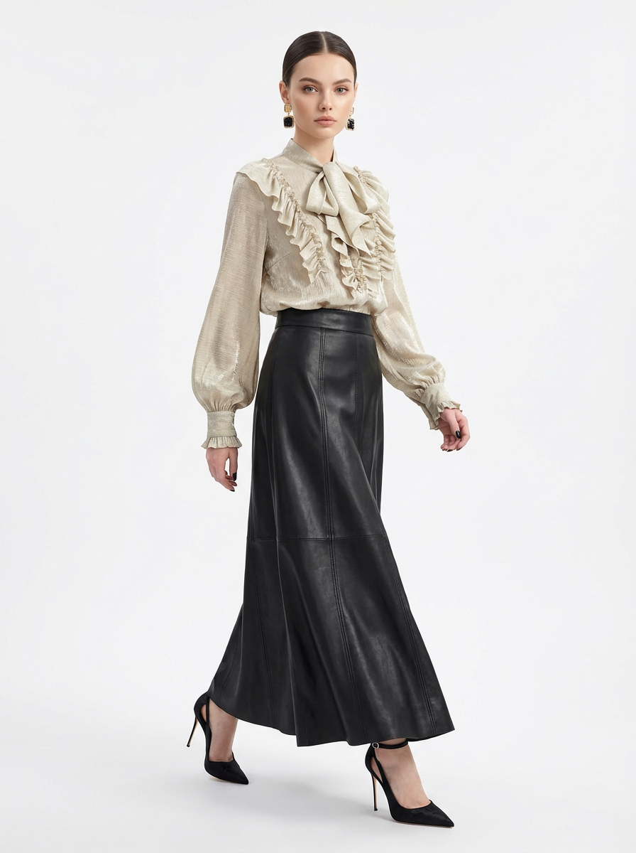 Блузка с рюшами и воротником-завязка OD-988-2 бежевый