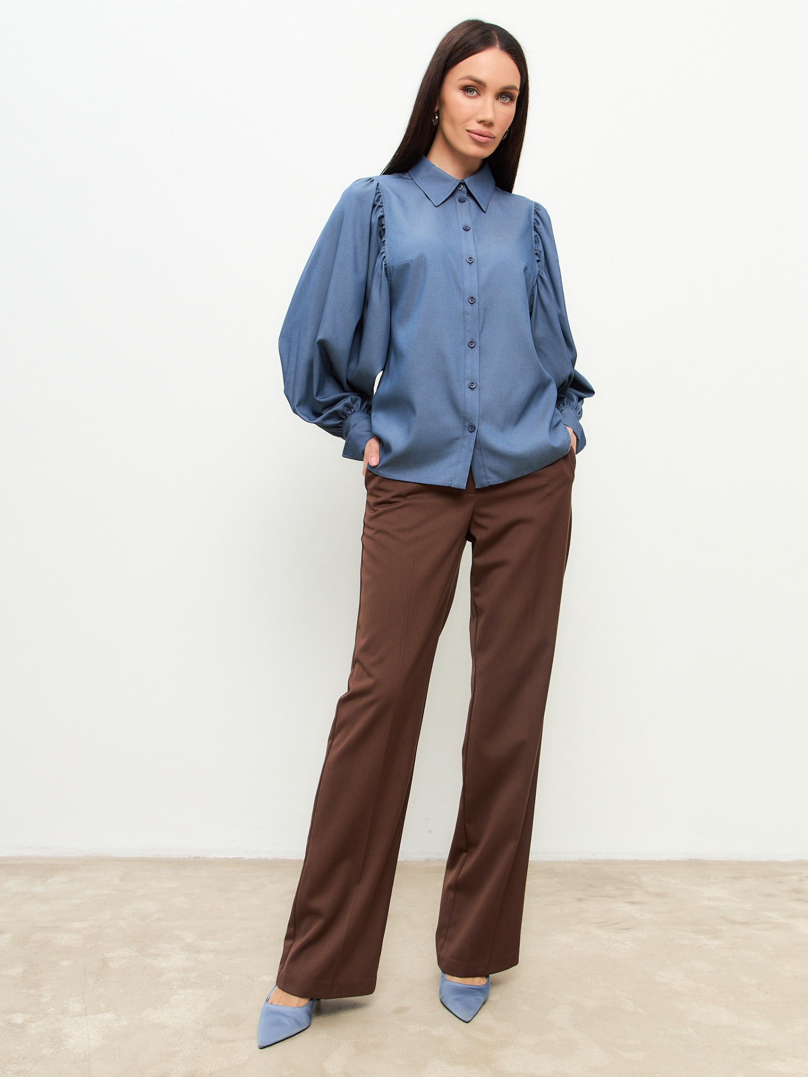 Блузка с объемным рукавом из тонкой джинсы OD-864-2 темно-синий
