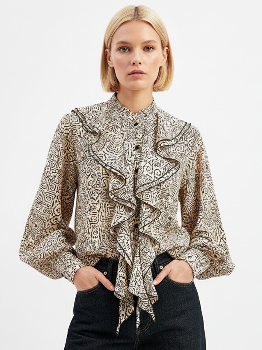 Блузка с отлетными рюшами OD-914-5 бежевый с черным