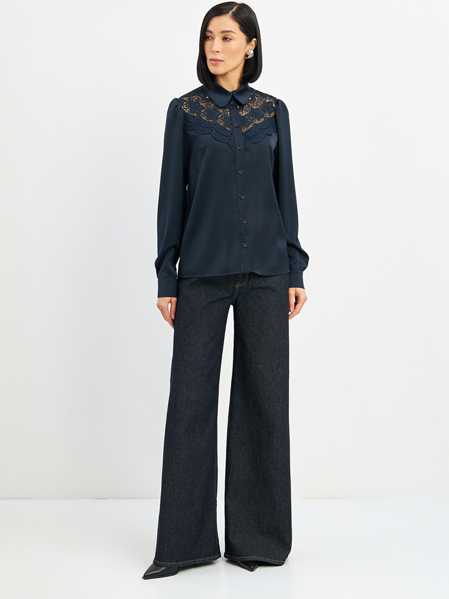 Блузка с кружевом на полочке OD-892-2 т.синий