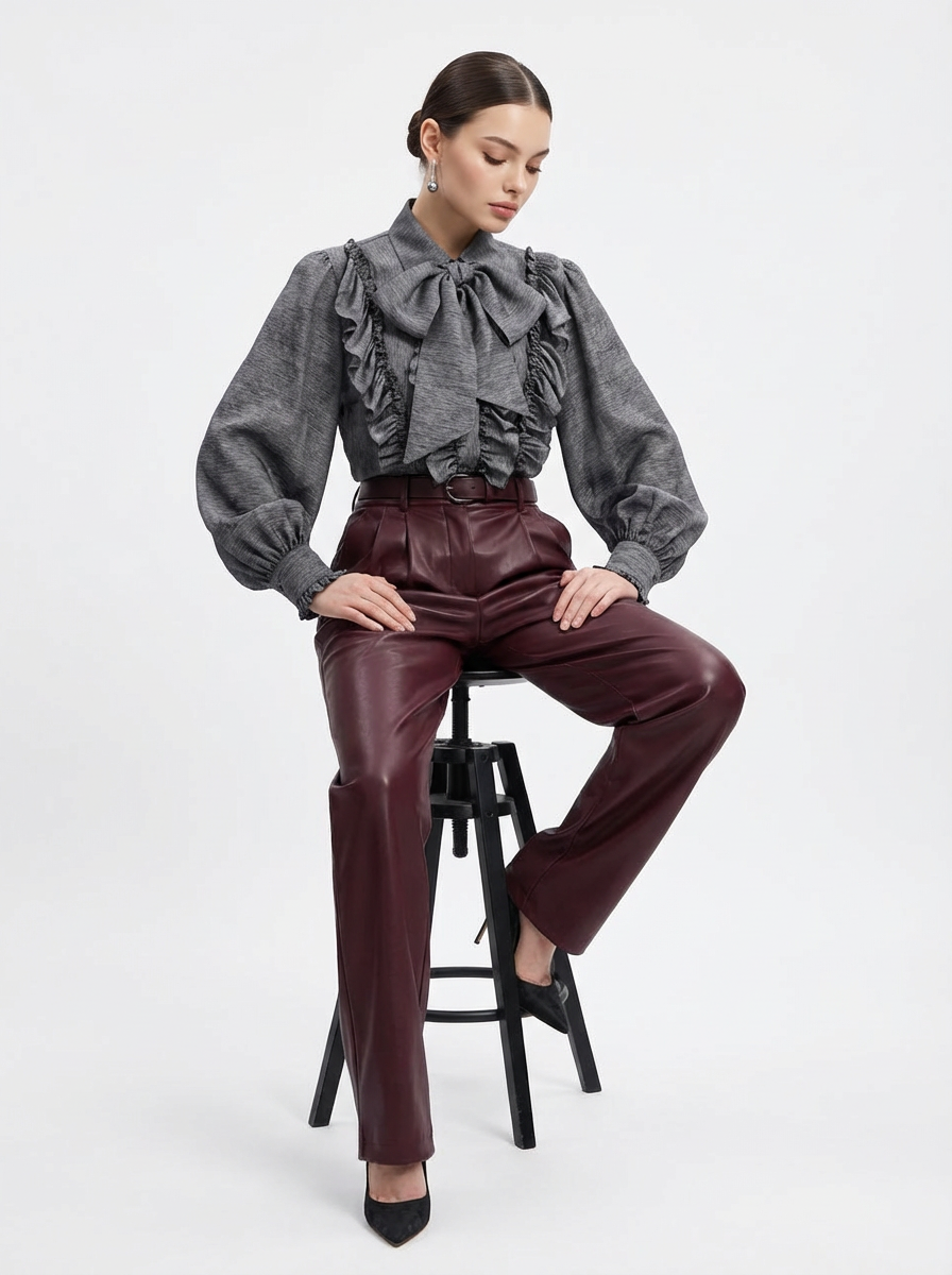 Блузка с рюшами и воротником-завязка OD-988-1 графит