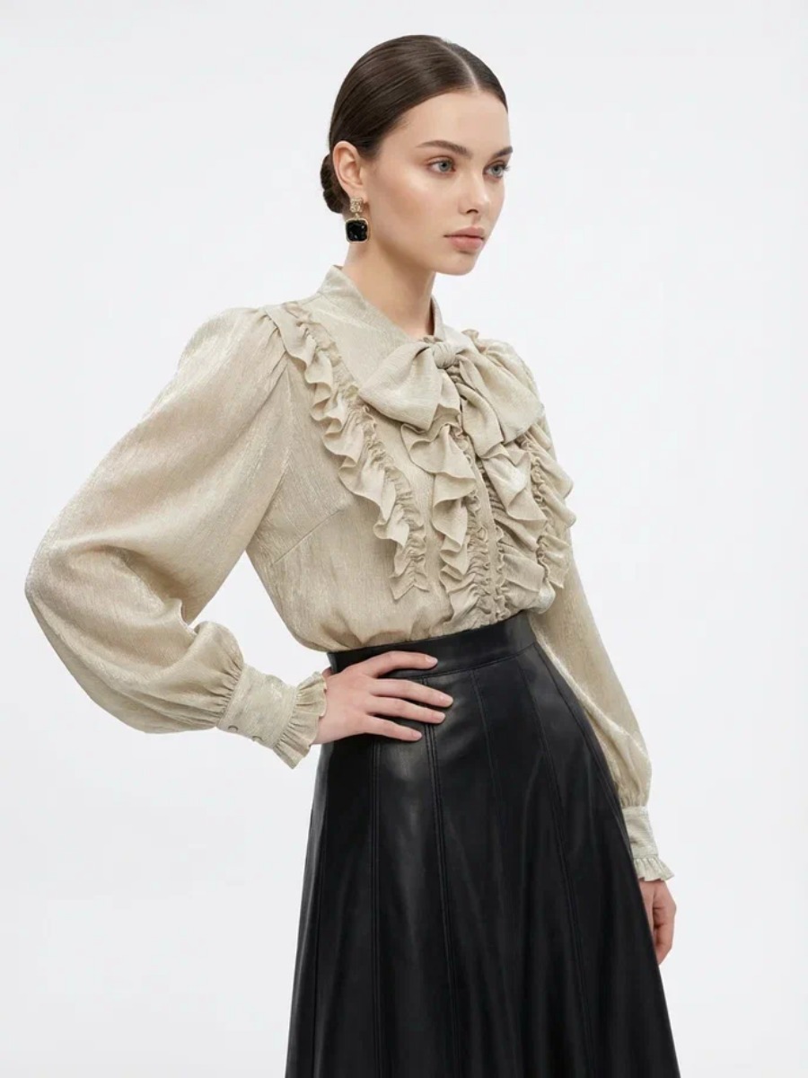 Блузка с рюшами и воротником-завязка OD-988-2 бежевый