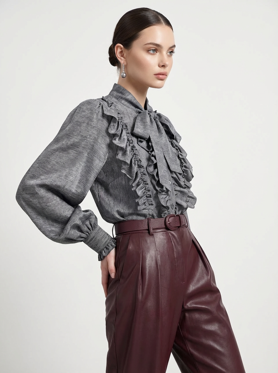 Блузка с рюшами и воротником-завязка OD-988-1 графит