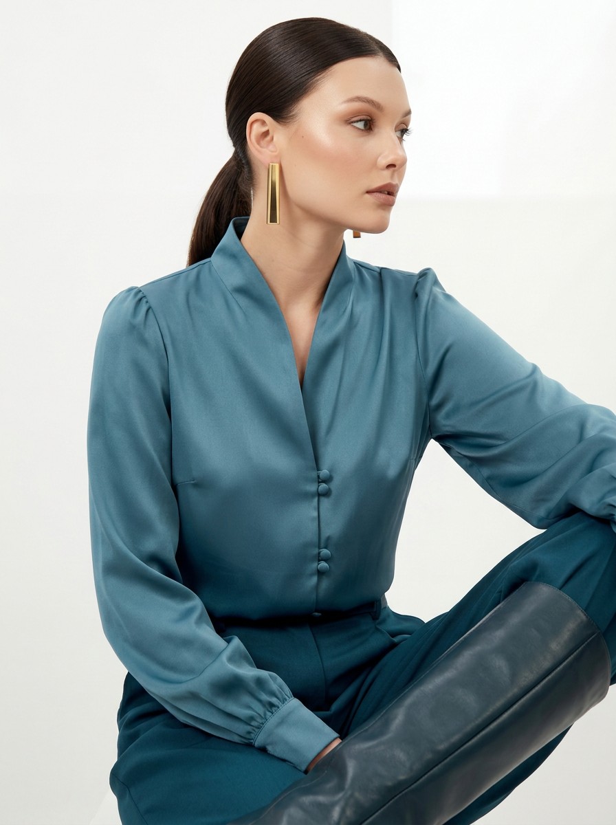 Блуза с вырезом сине-зеленая