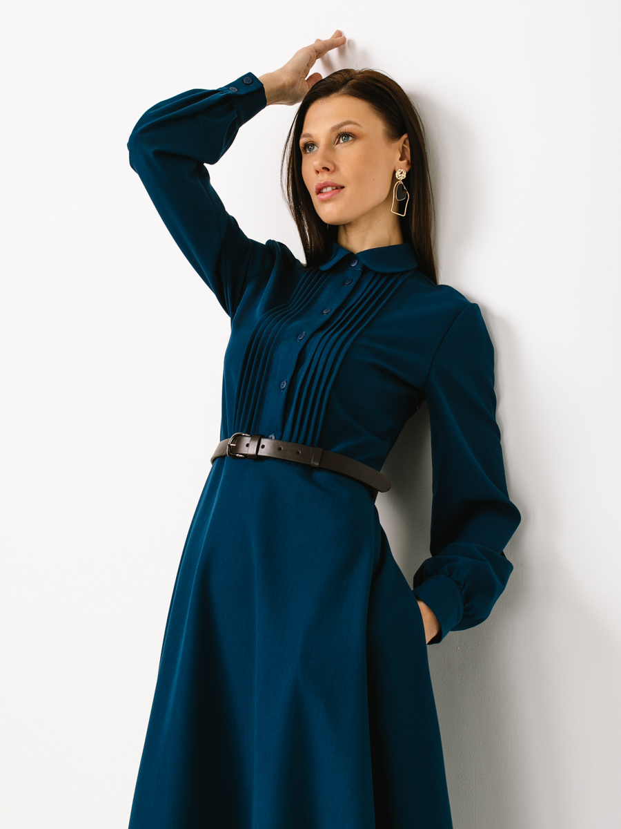 Платье из костюмной ткани с контрастным воротником и манжетом OD-841-2 бирюза