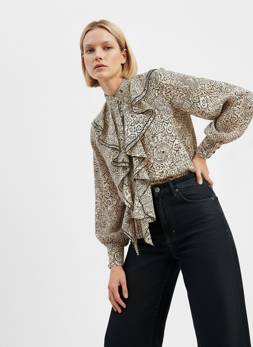 Блузка с отлетными рюшами OD-914-5 бежевый с черным