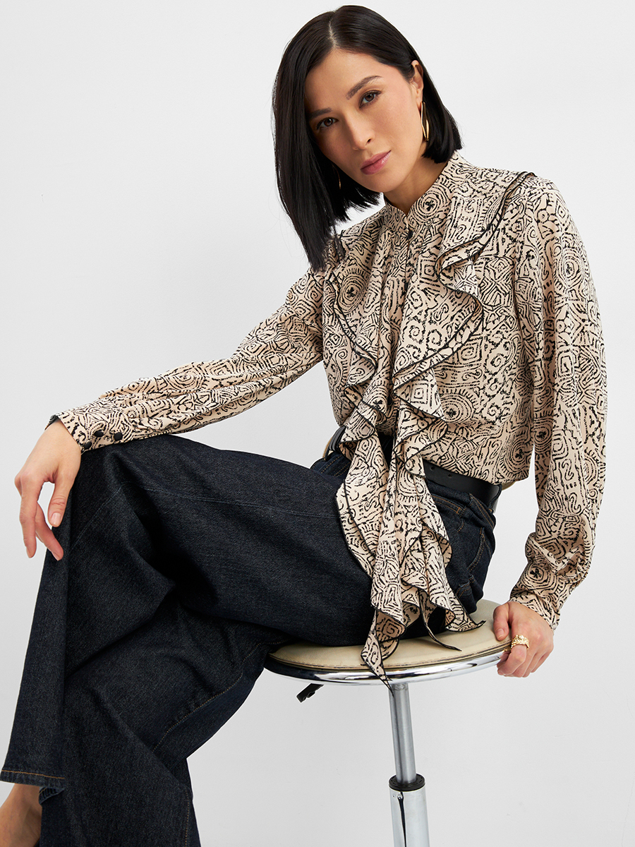 Блузка с отлетными рюшами OD-914-5 бежевый с черным