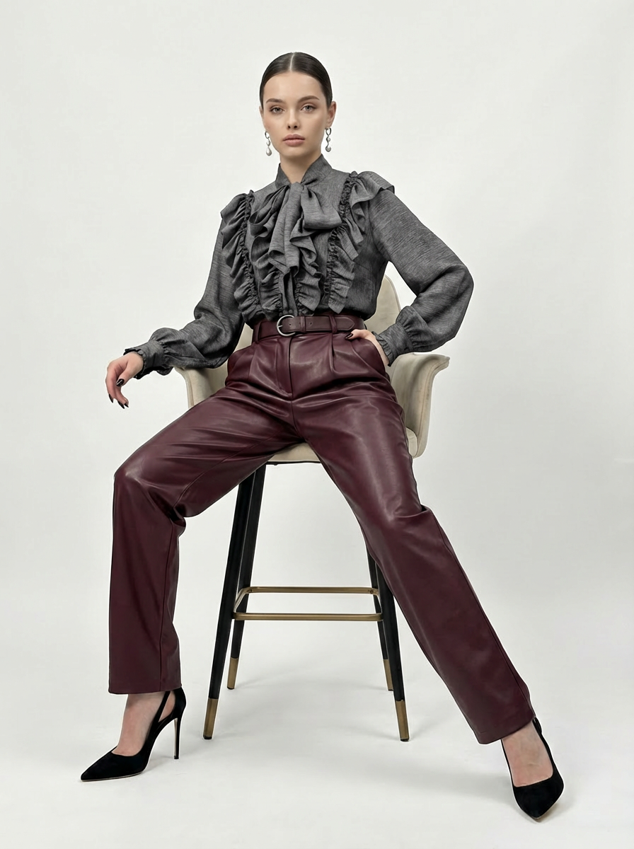 Блузка с рюшами и воротником-завязка OD-988-1 графит