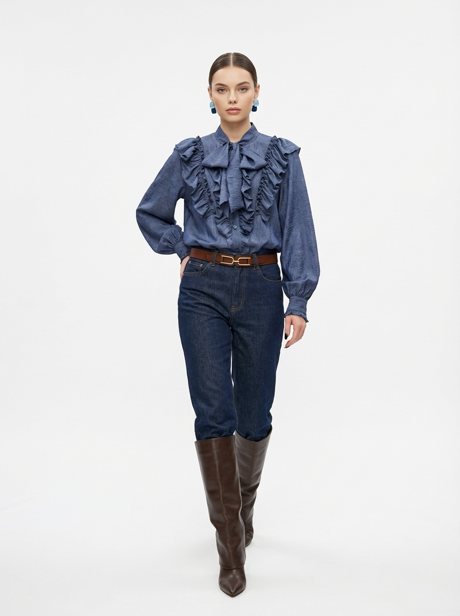 Блузка с рюшами и воротником-завязка OD-988-3 синий