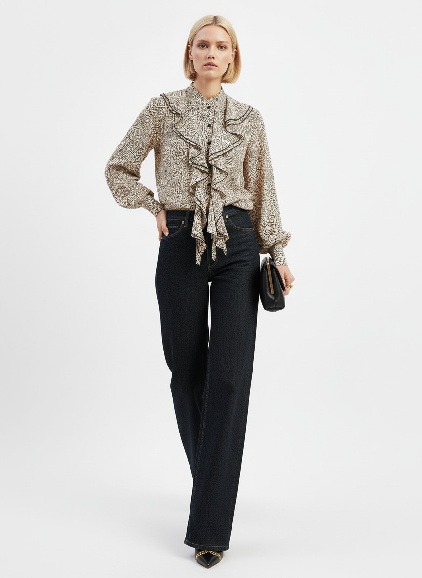 Блузка с отлетными рюшами OD-914-5 бежевый с черным