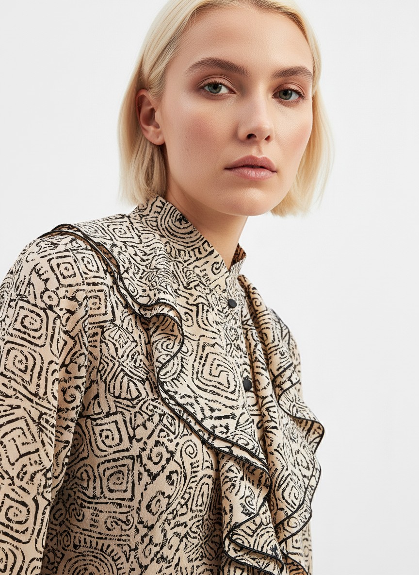 Блузка с отлетными рюшами OD-914-5 бежевый с черным