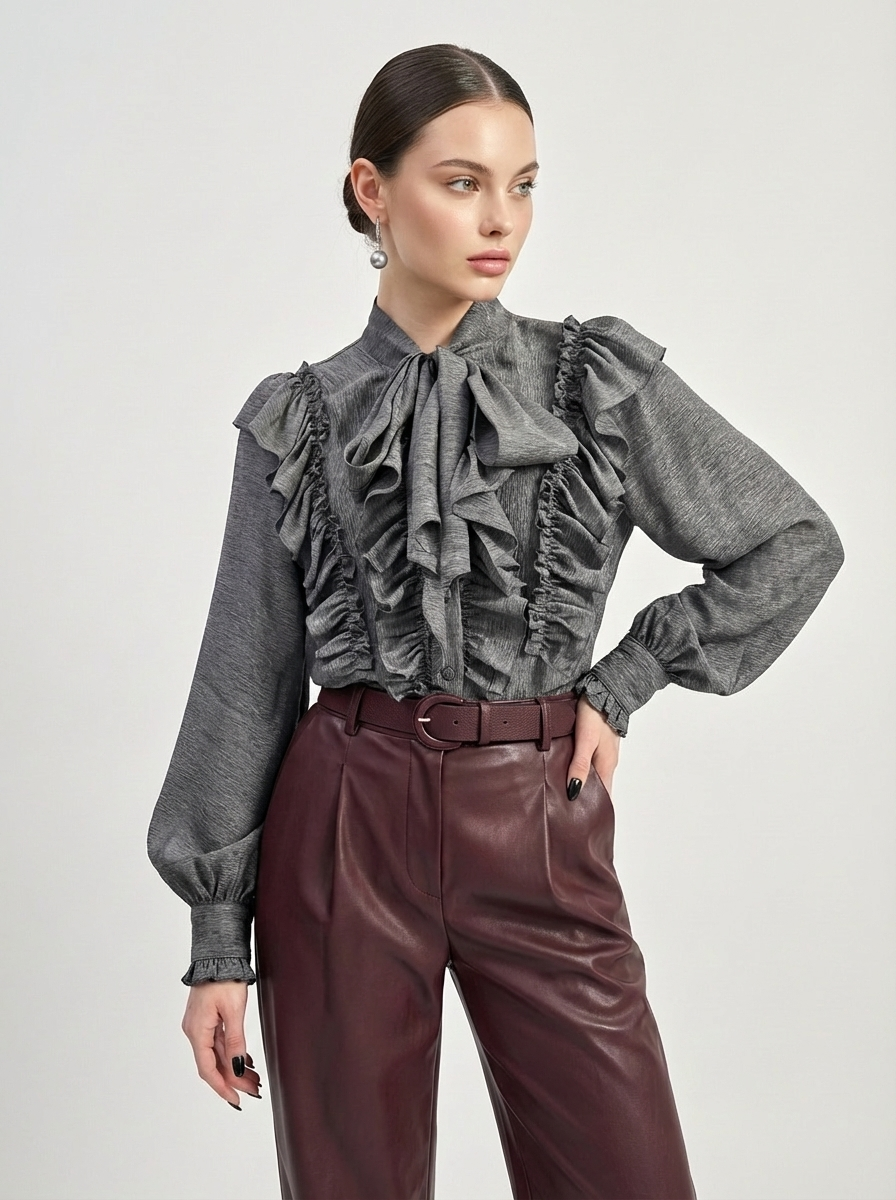 Блузка с рюшами и воротником-завязка OD-988-1 графит
