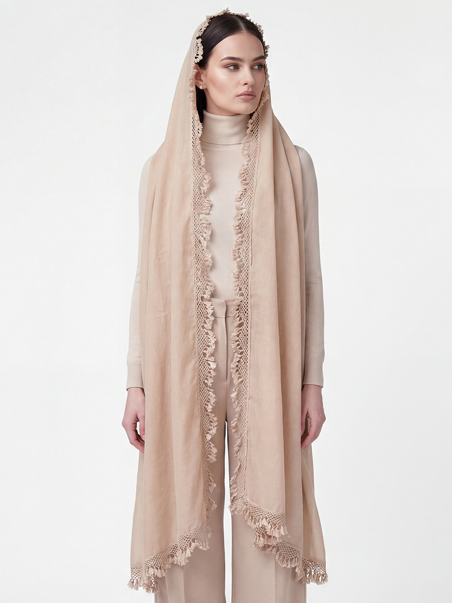 Палантин женский с кружевной отделкой и бахромой SHUT-152-1
