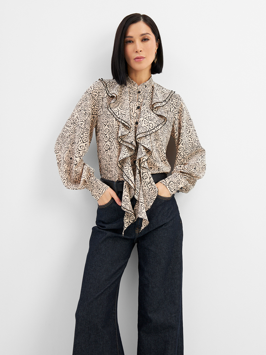 Блузка с отлетными рюшами OD-914-5 бежевый с черным