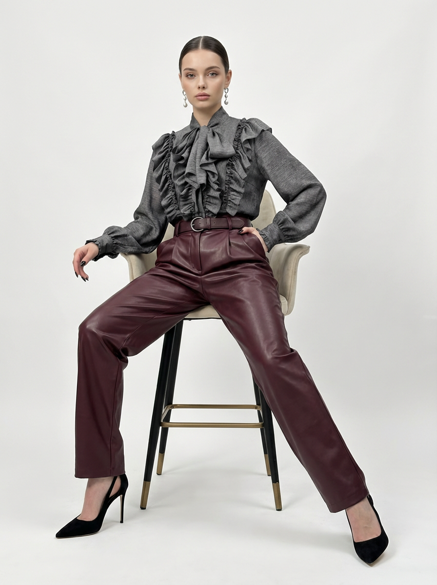 Блузка с рюшами и воротником-завязка OD-988-1 графит