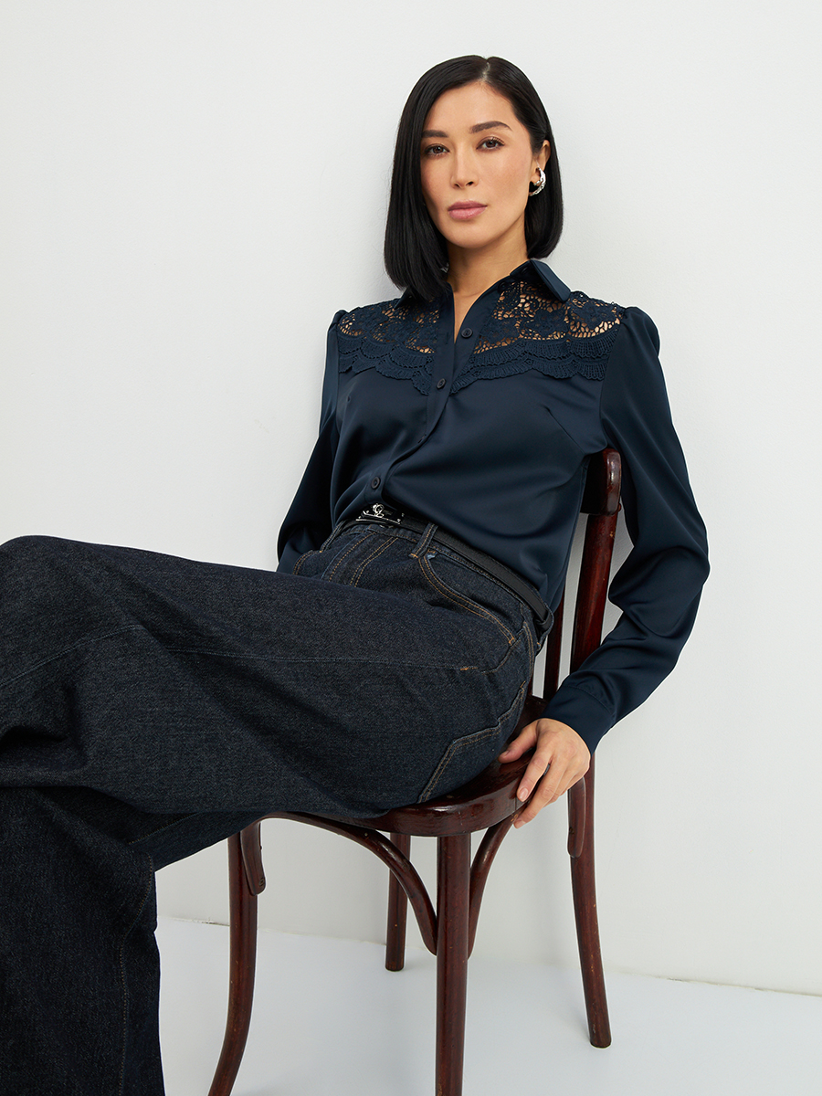 Блузка с кружевом на полочке OD-892-2 т.синий
