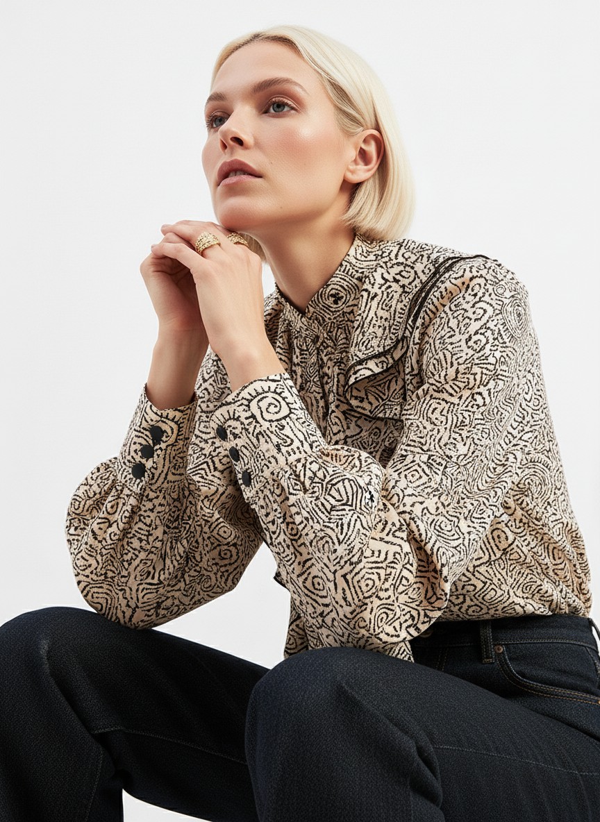 Блузка с отлетными рюшами OD-914-5 бежевый с черным