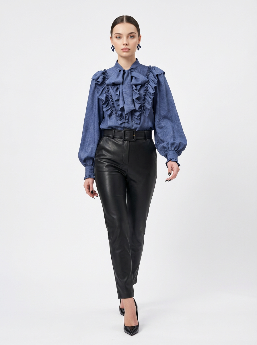 Блузка с рюшами и воротником-завязка OD-988-3 синий