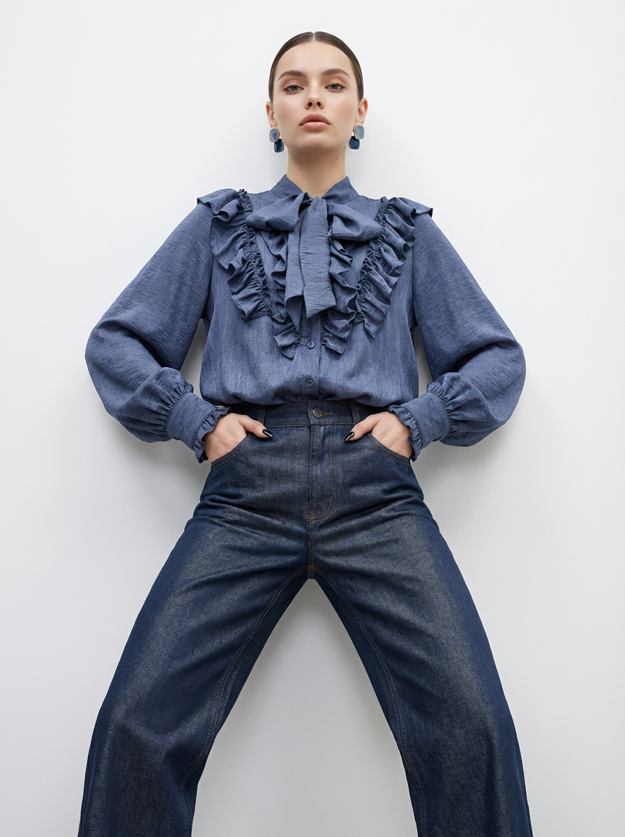 Блузка с рюшами и воротником-завязка OD-988-3 синий