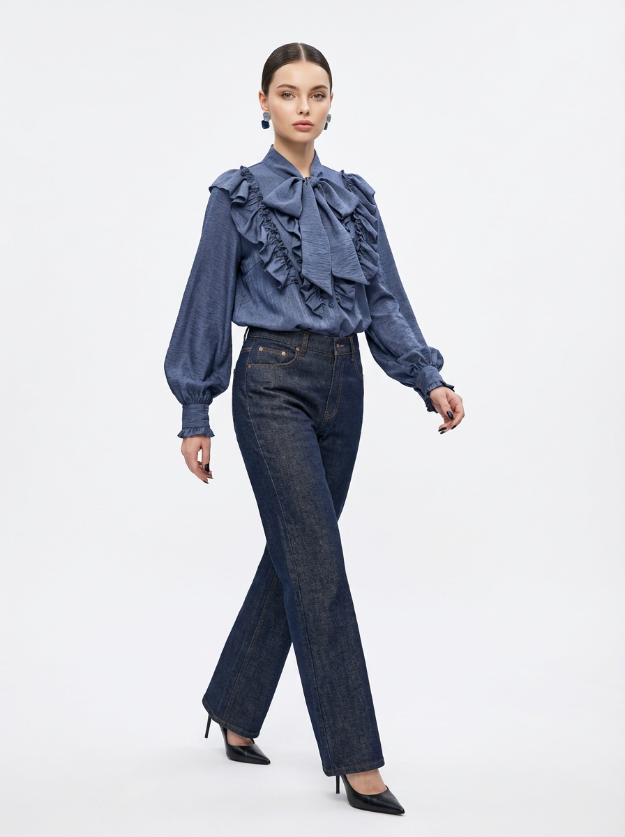 Блузка с рюшами и воротником-завязка OD-988-3 синий