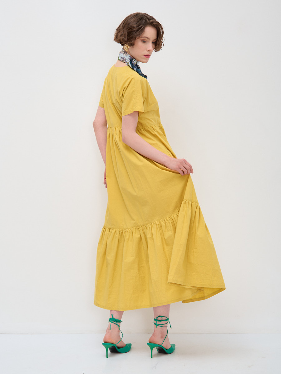 Платье хлопок OD-277-9 спущенная пройма с воланом горчица