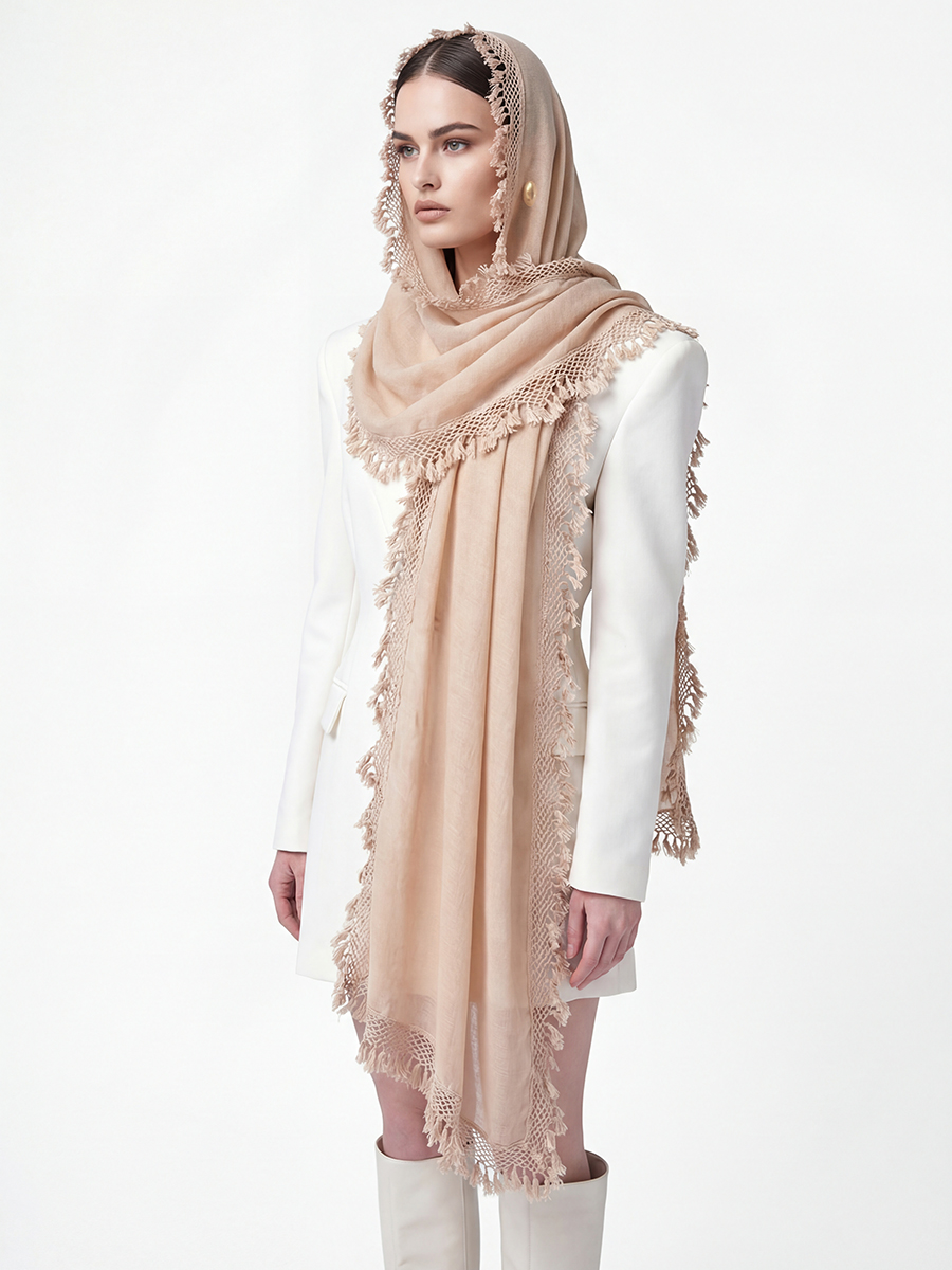 Палантин женский с кружевной отделкой и бахромой SHUT-152-1