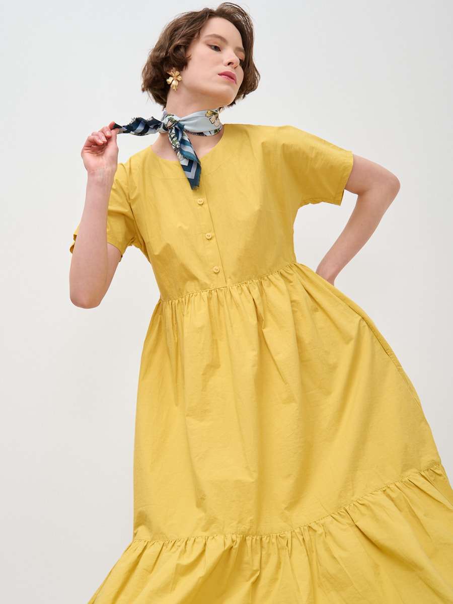 Платье хлопок OD-277-9 спущенная пройма с воланом горчица