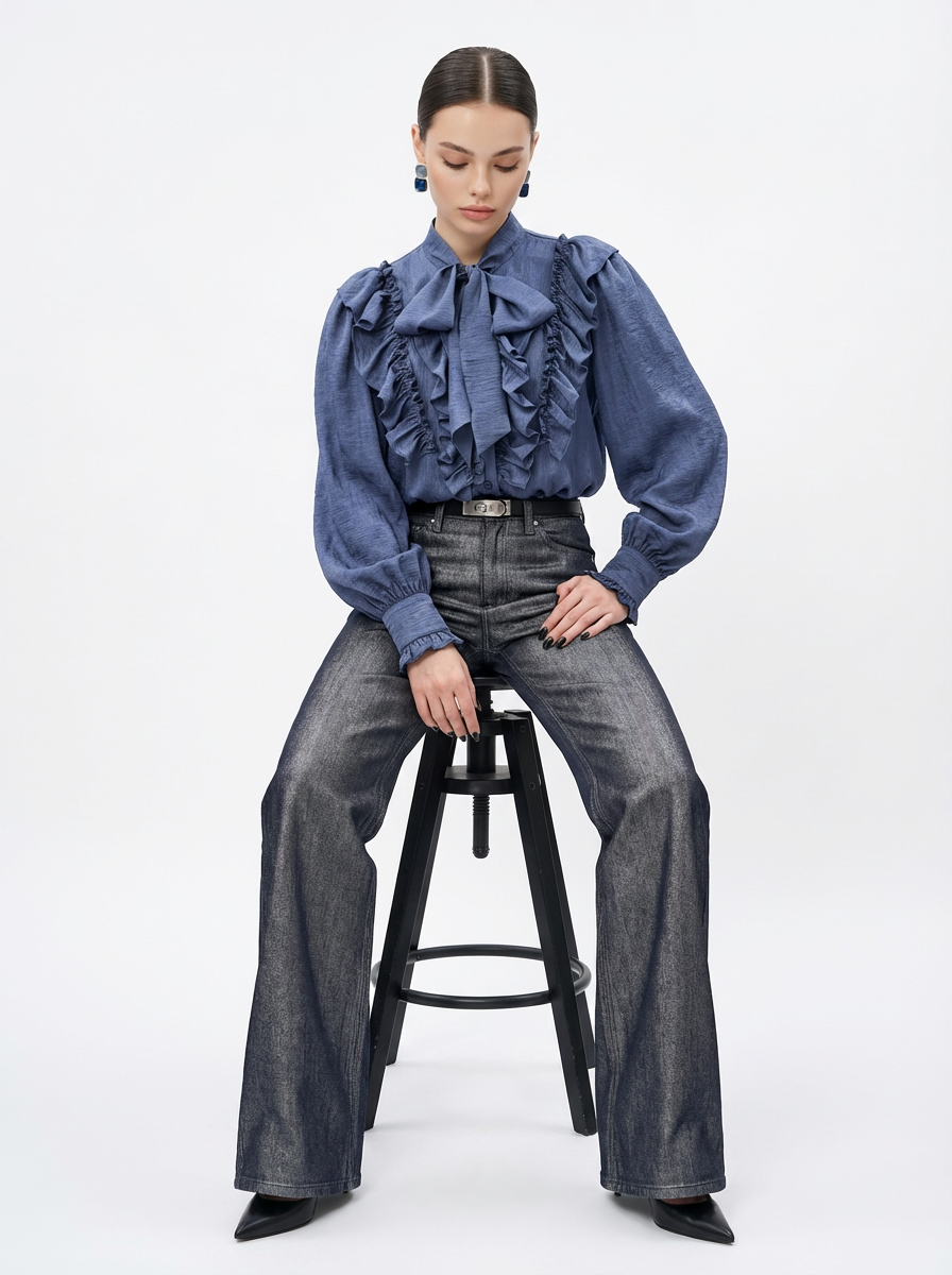 Блузка с рюшами и воротником-завязка OD-988-3 синий