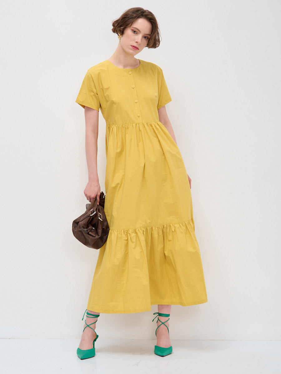 Платье хлопок OD-277-9 спущенная пройма с воланом горчица