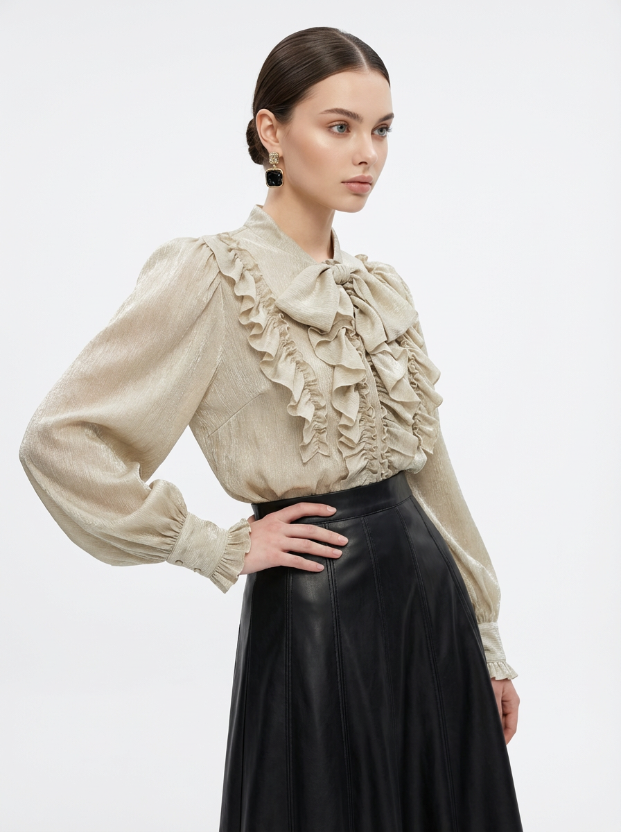 Блузка с рюшами и воротником-завязка OD-988-2 бежевый