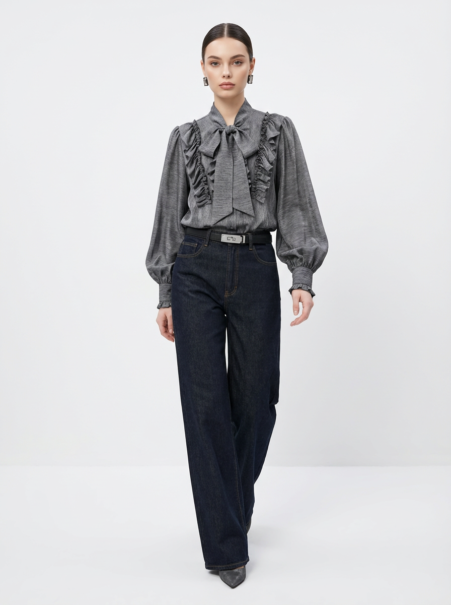 Блузка с рюшами и воротником-завязка OD-988-1 графит