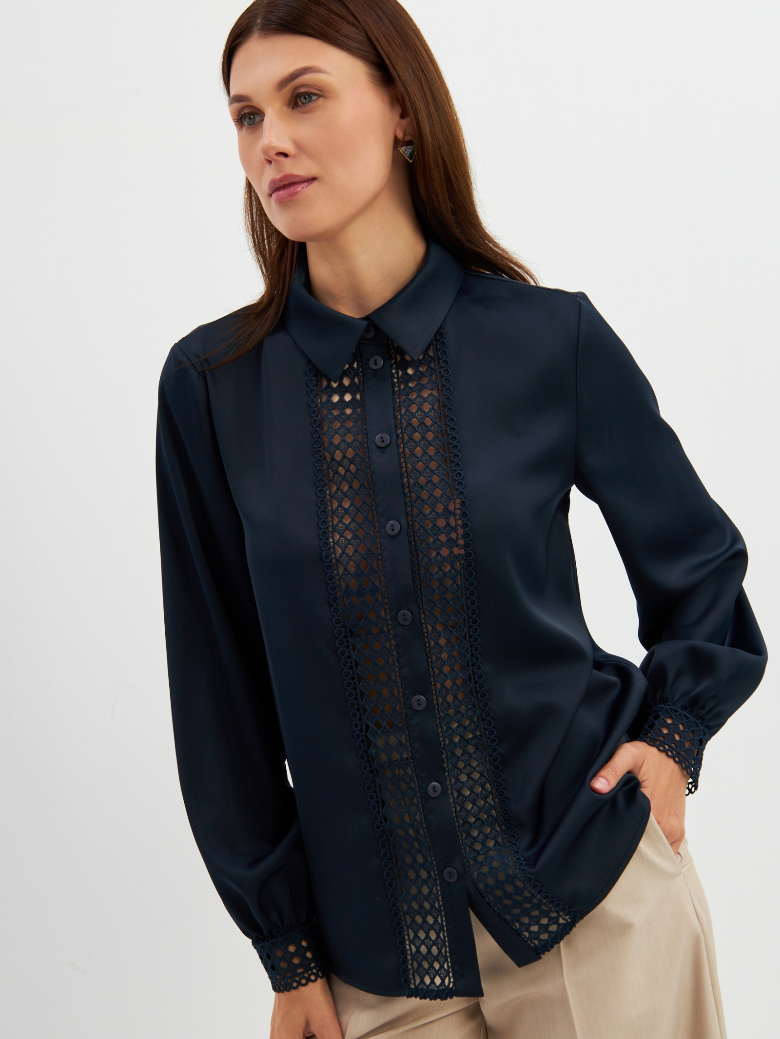 Блузка с кружевом OD-808-4 темно-синий