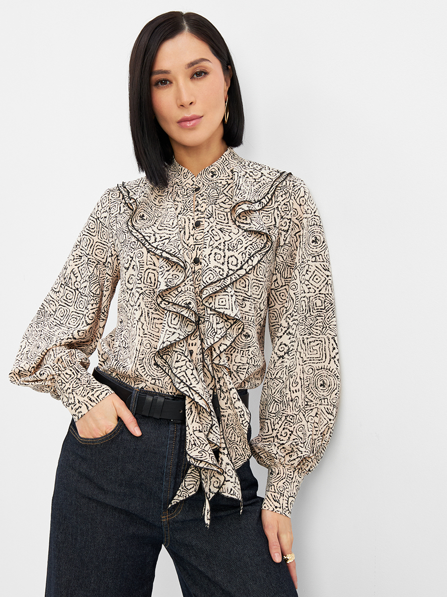 Блузка с отлетными рюшами OD-914-5 бежевый с черным