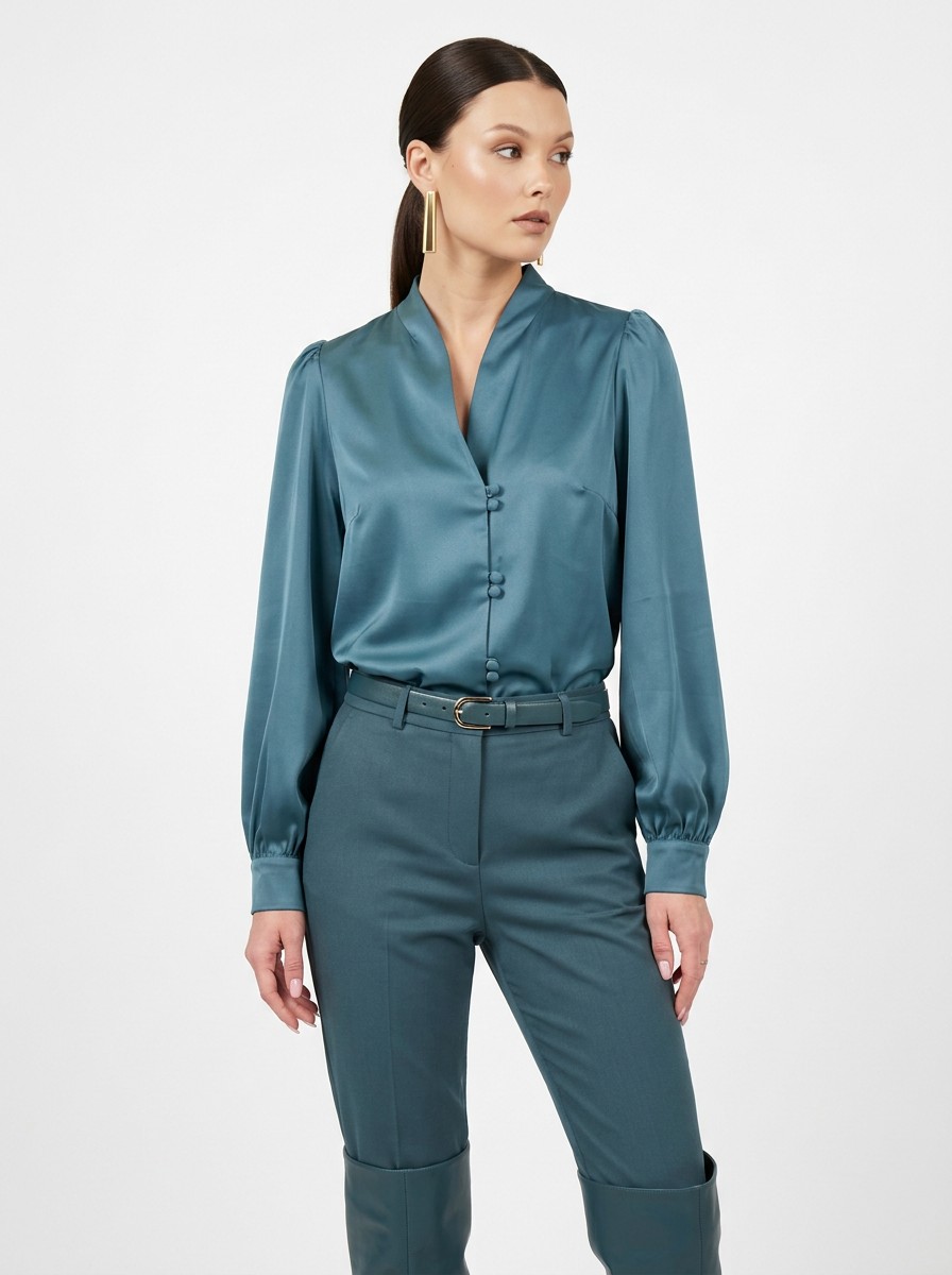 Блуза с вырезом сине-зеленая