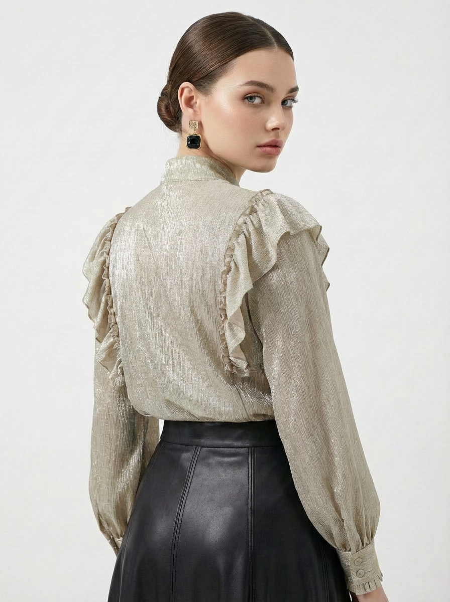 Блузка с рюшами и воротником-завязка OD-988-2 бежевый