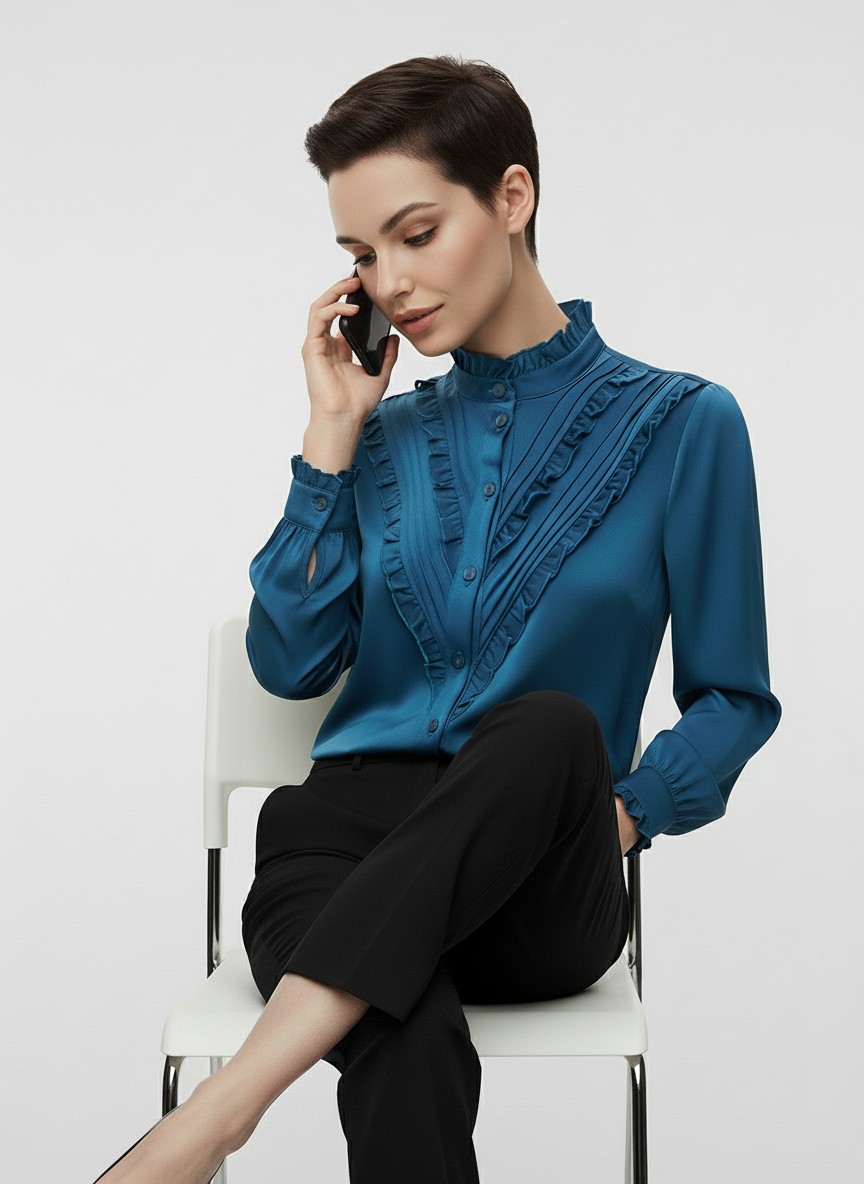 Блузка с рюшами OD-884-2 морская волна
