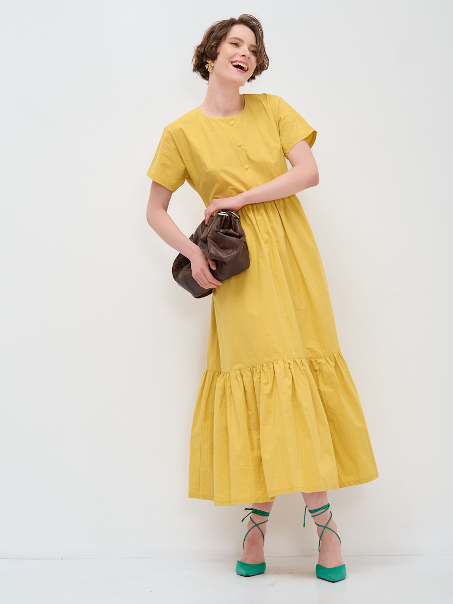 Платье хлопок OD-277-9 спущенная пройма с воланом горчица