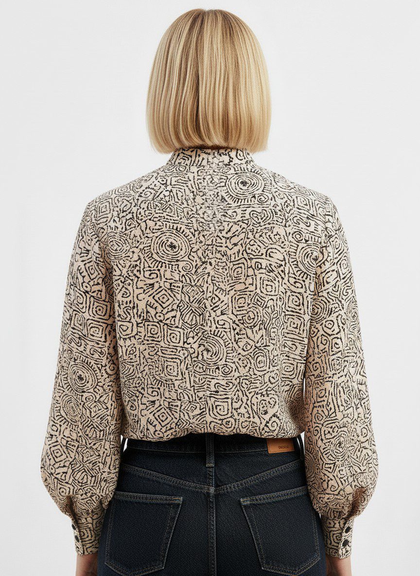 Блузка с отлетными рюшами OD-914-5 бежевый с черным