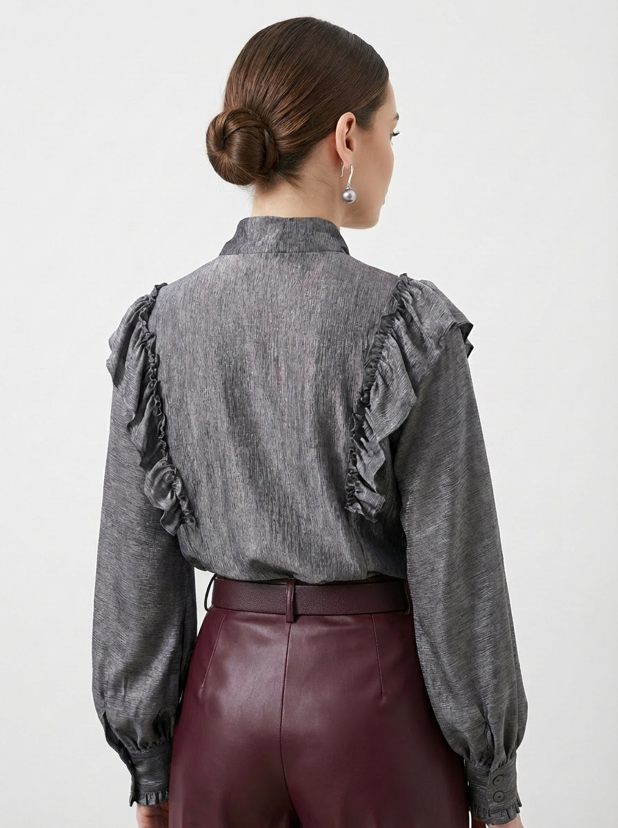 Блузка с рюшами и воротником-завязка OD-988-1 графит